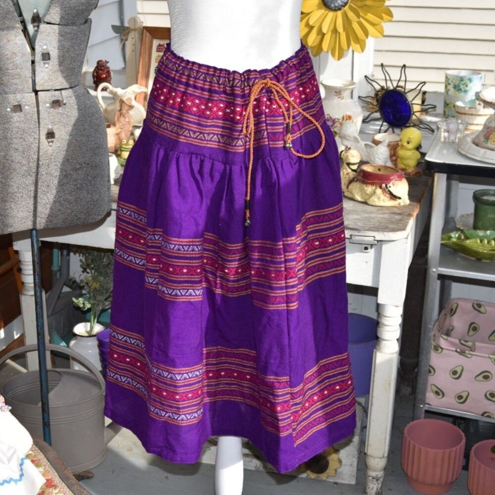 Vintage 70s Boho Ethnic Woven Purple Folk Skirt Drawstring Hippie Festival OS